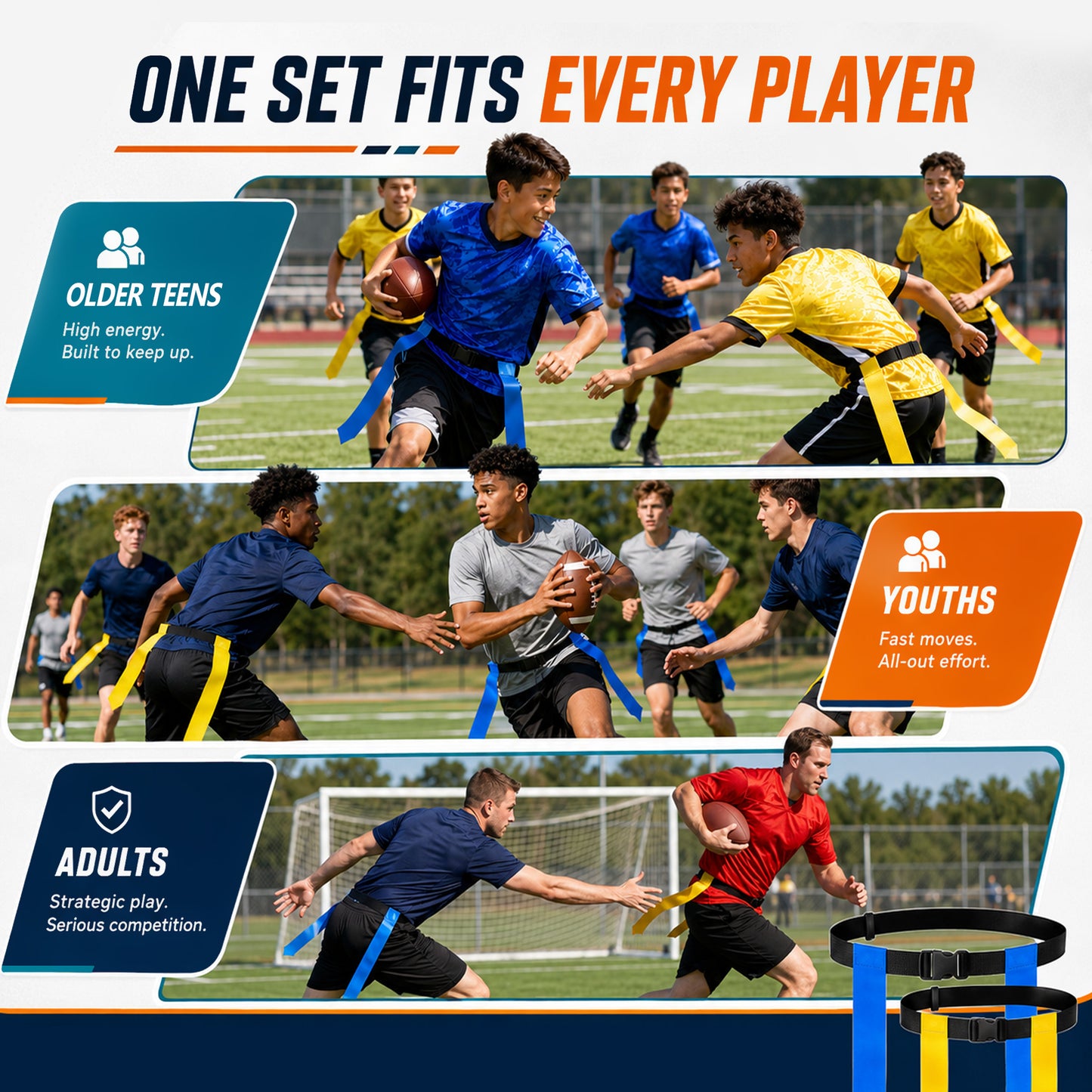 Fatato Flag Football Belts, Flag Football Set 14 Players Adjustable Football Flags with Cones, Whistles & Carry Bag for Team Training Games