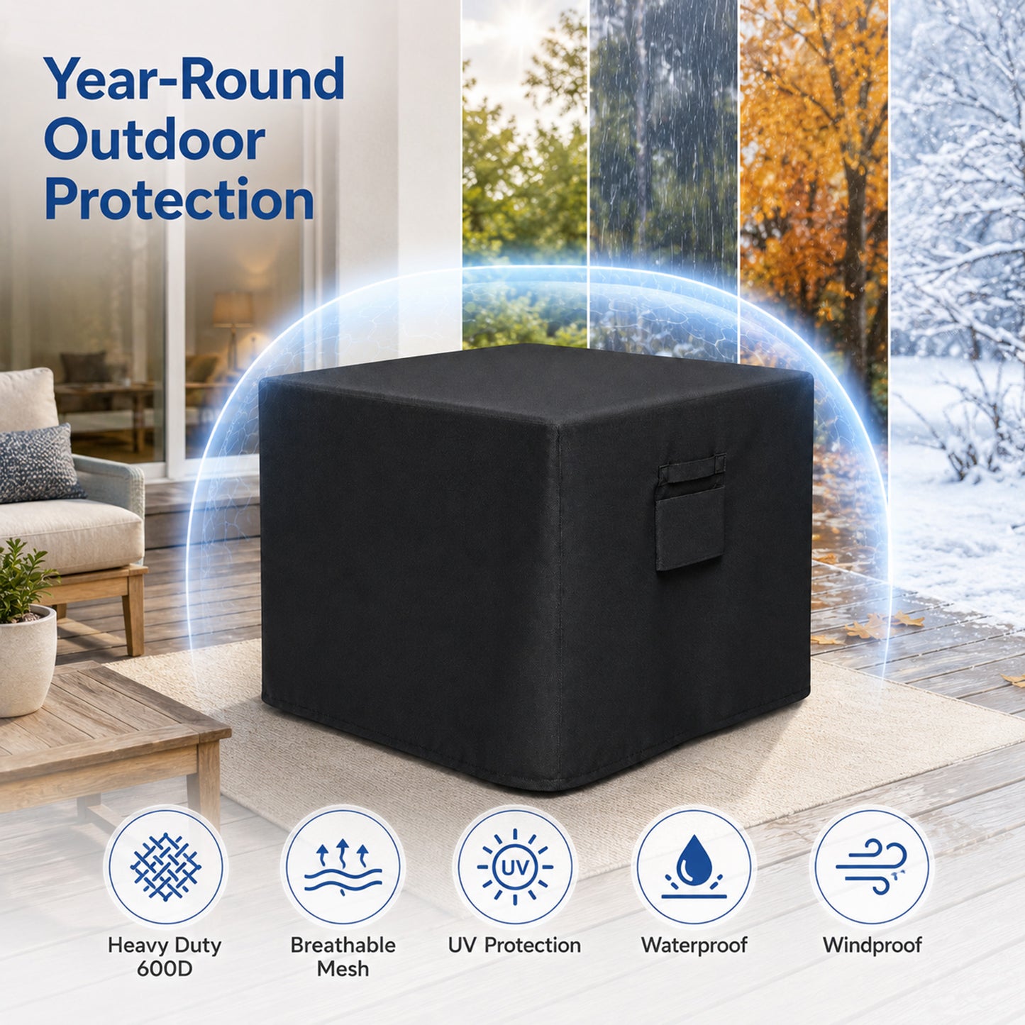 Fatato Fire Pit Cover Square Fire Pit Cover Waterproof and UV Resistant, Adjustable Drawstring, Air Vent, Handles and Storage Bag