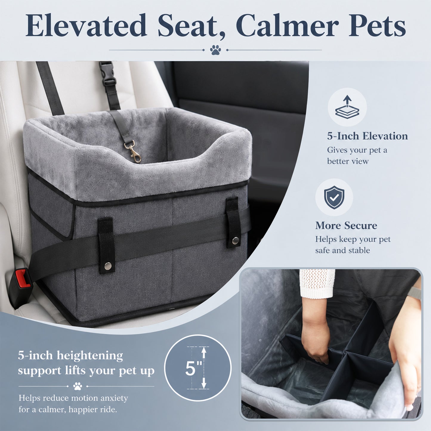 Fatato Dog Car Seat for Small Pets up to 25 lbs, Booster Seat with Storage Pockets & Safety Belt, Detachable Washable Pet Travel Bed for Front and Rear Car Seats