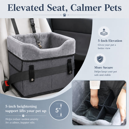 Fatato Dog Car Seat for Small Pets up to 25 lbs, Booster Seat with Storage Pockets & Safety Belt, Detachable Washable Pet Travel Bed for Front and Rear Car Seats